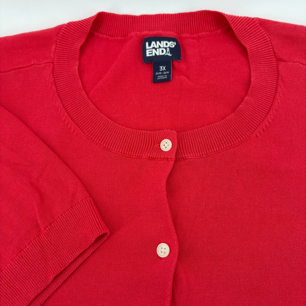 Lands End Womens 3X Red Cotton Short Sleeve Button Front Cardigan Sweater
